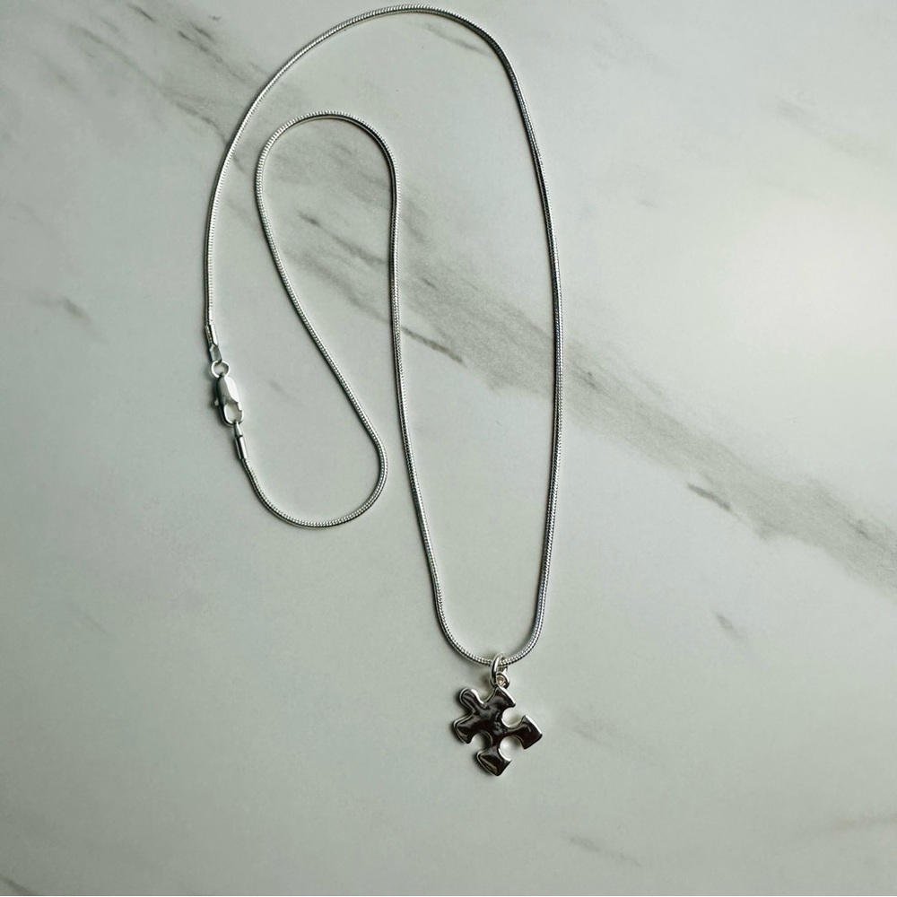 Silver-Plated Puzzle Piece Pendant Necklace | Snake Chain | NWOT - Picture 3 of 13